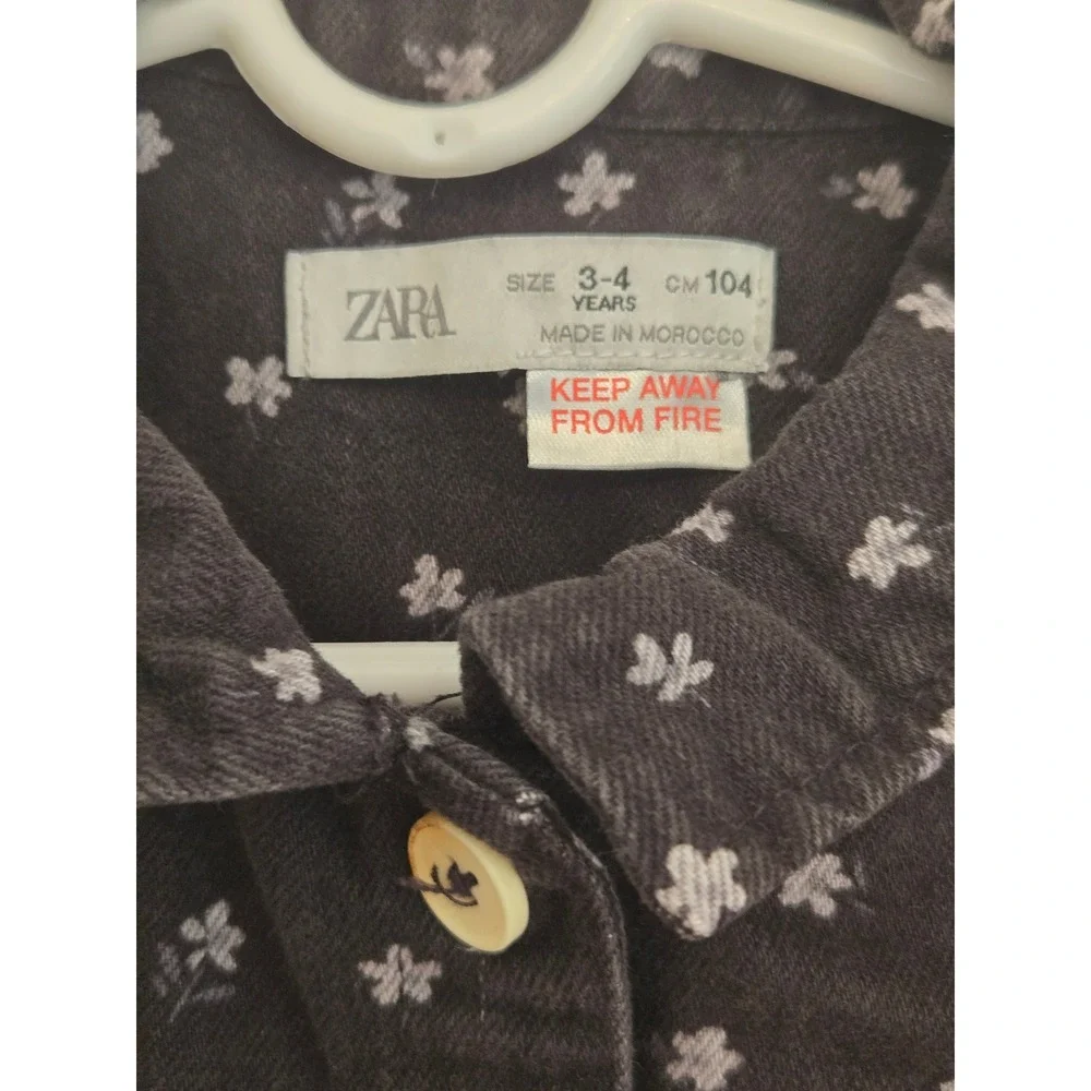 Zara Kids Floral‎ Button Down Shirt Dark Grey Long Sleeve Size 3-4 Years 104cm
